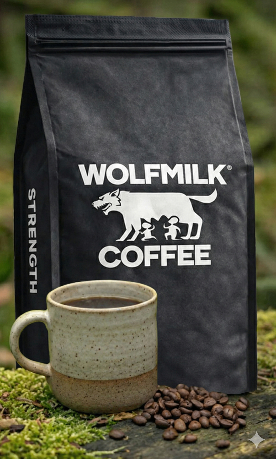 Wolfmilk Coffee bag with ceramic mug on mossy forest floor