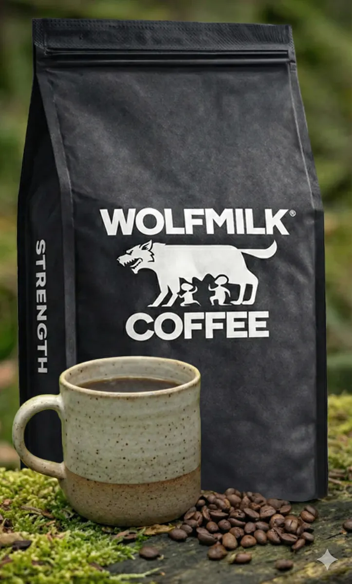Wolfmilk Coffee bag with ceramic mug on mossy forest floor