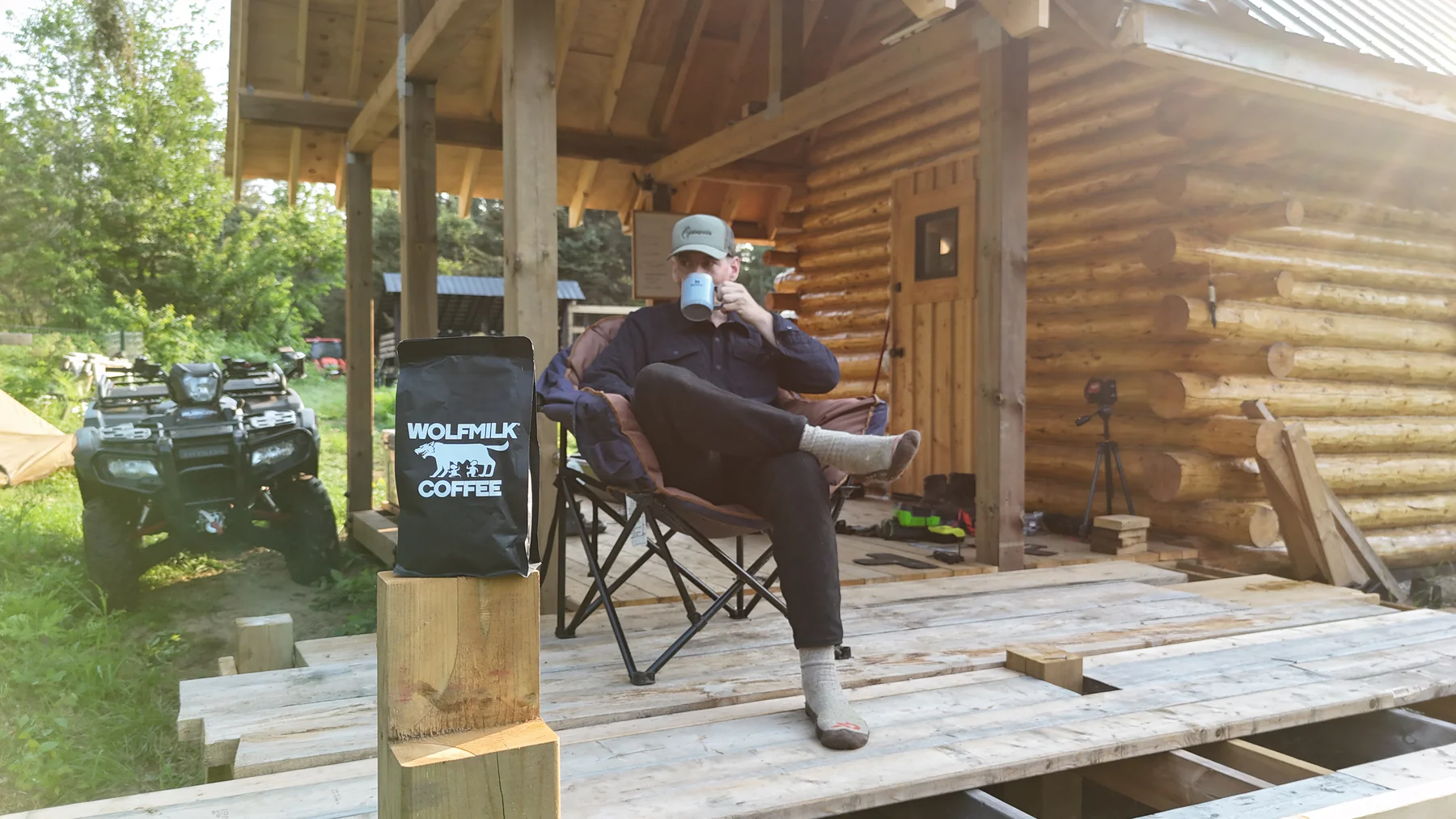 Enjoying Wolfmilk Coffee at the cabin homestead