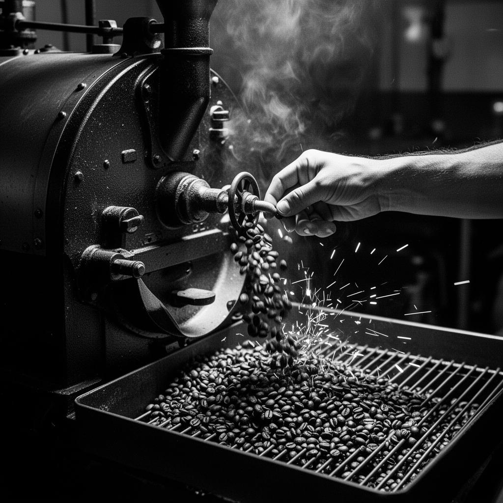Gundobad's hand opening the drum roaster valve as beans pour into the cooling tray