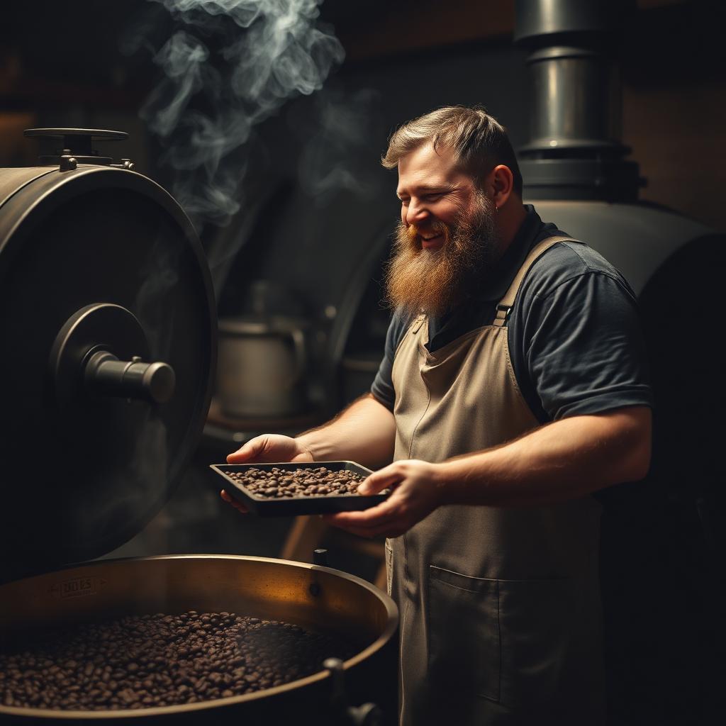 Gundobad laughing as he pulls a sample tray of hot beans from the drum roaster