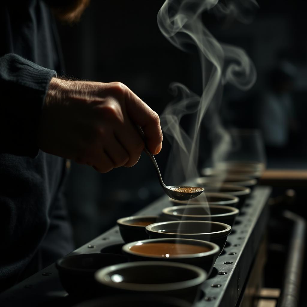Gundobad's hands cupping coffee with a spoon over a row of steaming tasting bowls