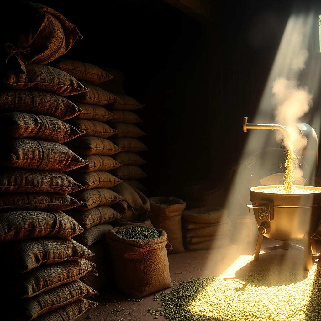 Stacked burlap sacks of green coffee in the Wolfmilk warehouse