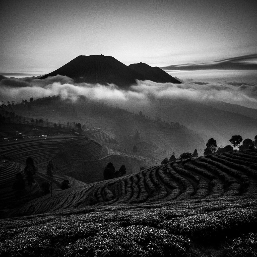 Misty Ethiopian highland coffee terraces at dawn