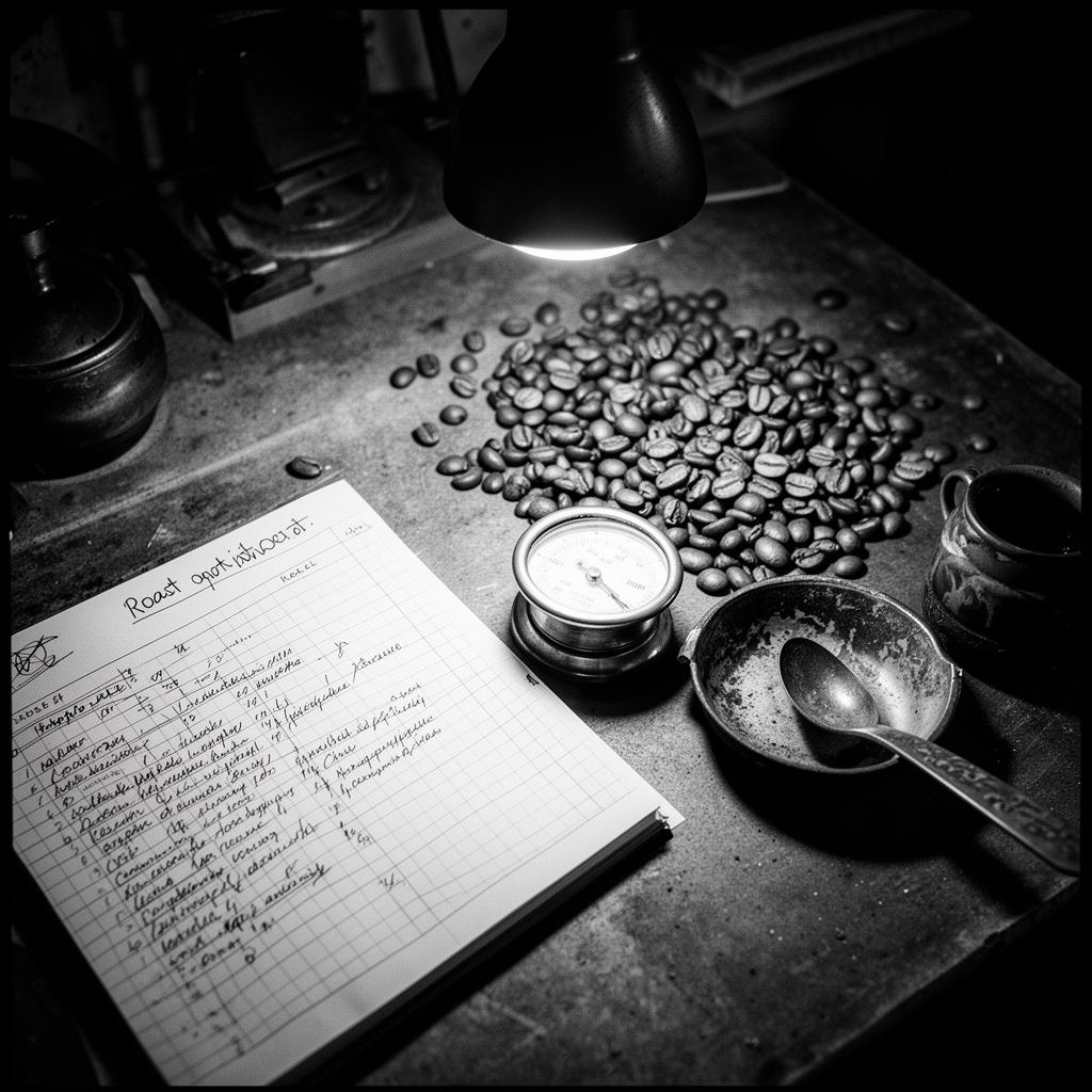 Gundobad's handwritten roast log book with thermometer, cupping spoon, and roasted beans