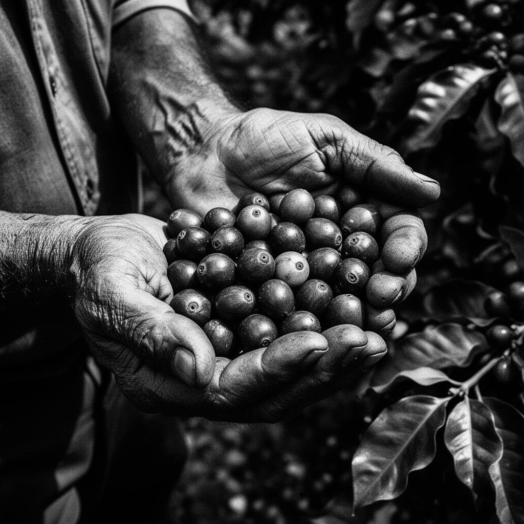 Coffee farmer's weathered hands holding ripe coffee cherries
