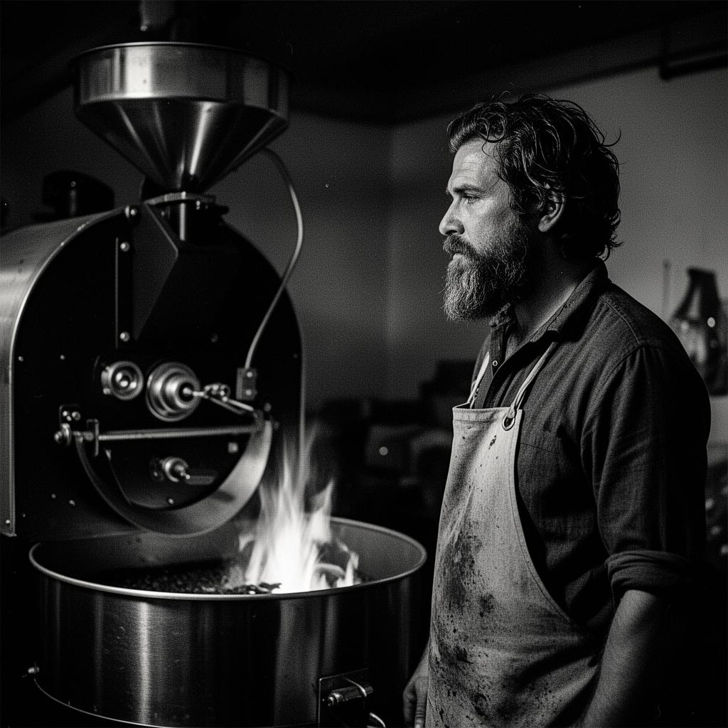 Gundobad, the Wolfmilk head roaster, standing beside an industrial drum roaster