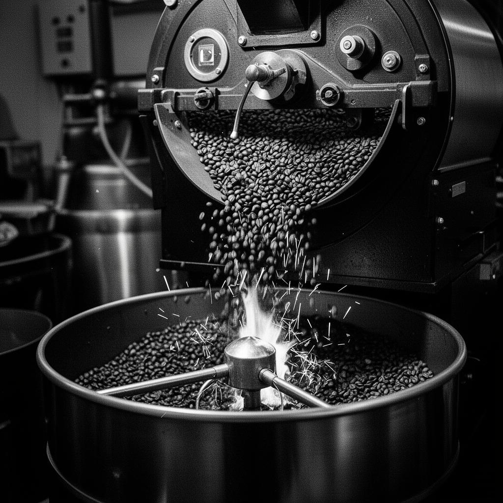 Roasted coffee beans pouring from an industrial drum roaster
